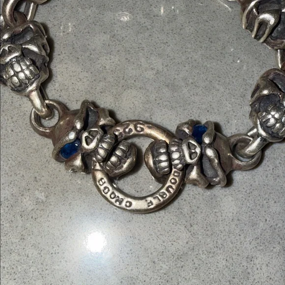 Travis Walker Double Cross menacing skull sterling silver men's bracelet đź’€ - Picture 3 of 12